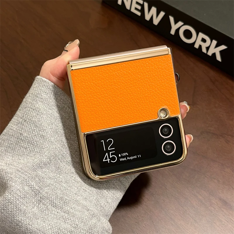 三星Z Flip3 4商务手机壳折叠屏真皮w23Flip全包防摔保护套男