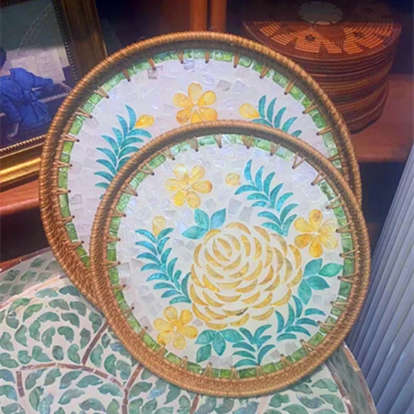 HQ—牡丹花开富贵藤编贝壳圆盘大➕小两件套