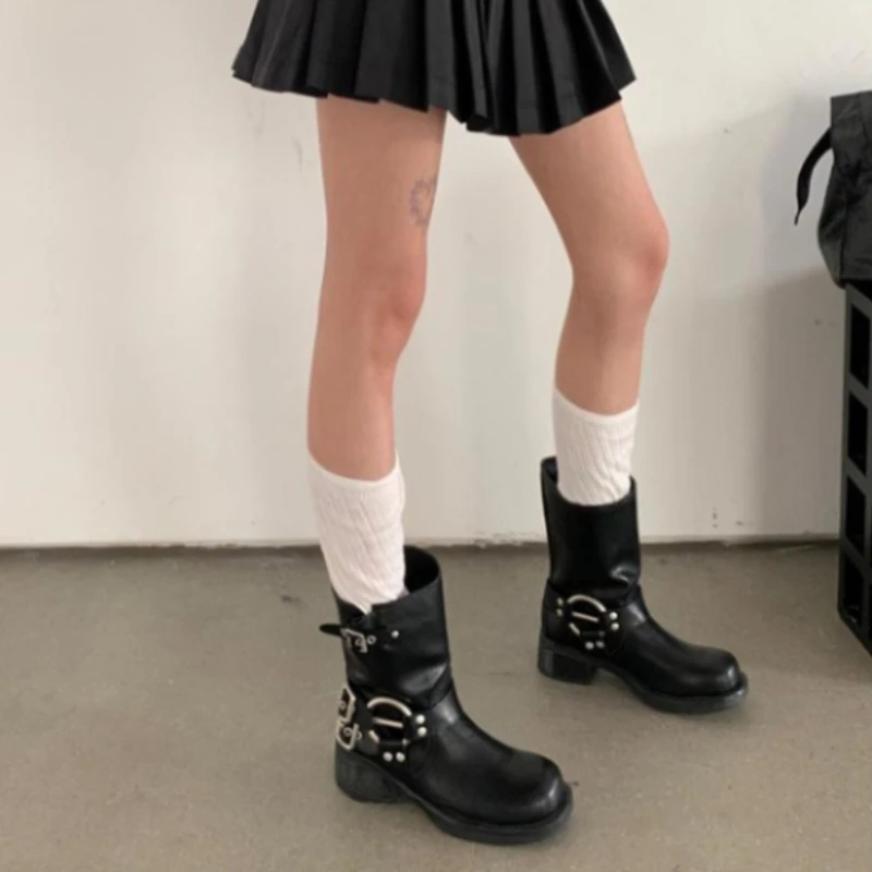 复古手工擦色短筒骑士靴真皮棕色粗跟套筒机车短靴百搭西部牛仔靴