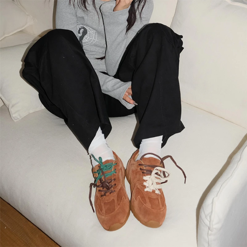 Mooreyu复古阿甘鞋2024春季小众真皮德训鞋女棕色平底休闲运动鞋