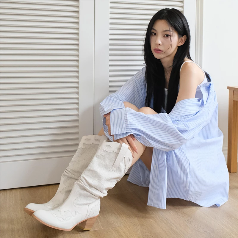摸鱼亚麻西部牛仔靴粗跟大筒围骑士靴女2023新款拼接复古v口靴子
