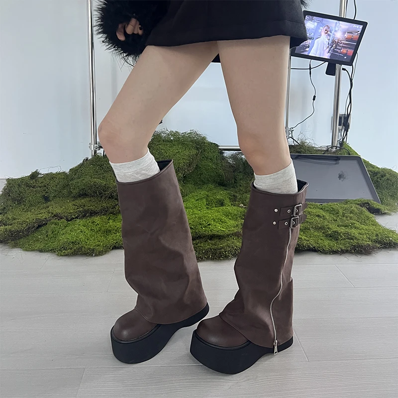 Mooreyu百搭厚底增高新款不过膝长筒靴小个子裤管松糕底骑士靴女