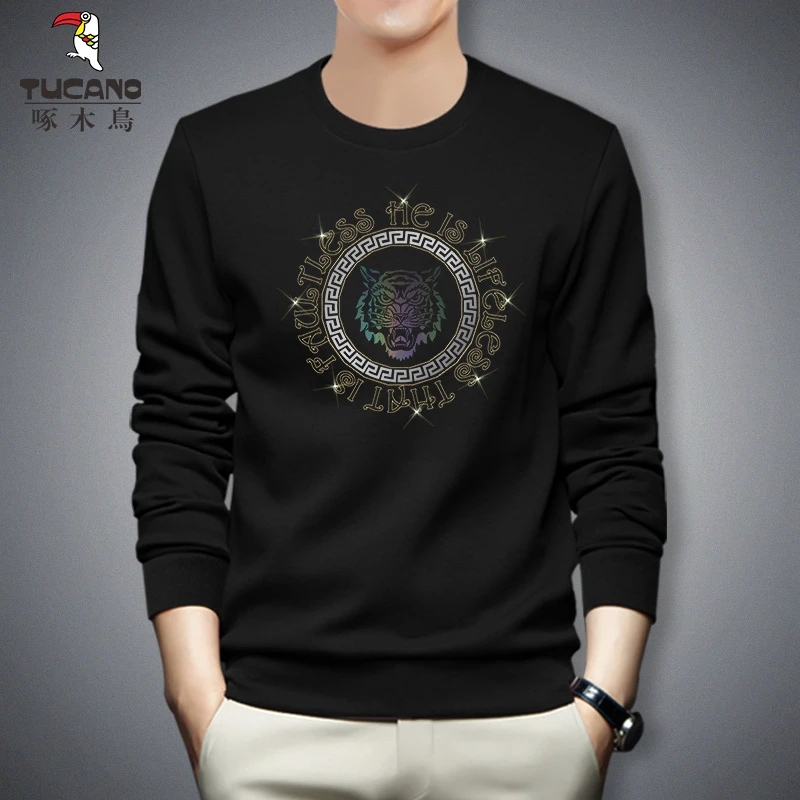 TUCANO/啄木鳥高档秋季男上衣圆领套头长袖烫钻虎头纯棉休闲显瘦