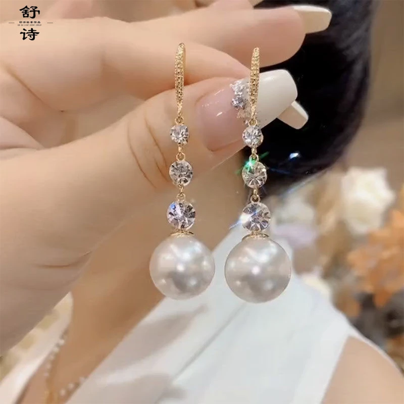 铜合金仿珍珠耳饰 微镶钻耳环设计感法式长款轻奢可爱EH-63210