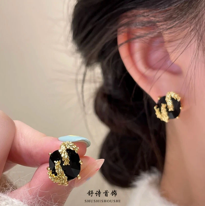 铜合金合成锆石耳饰 黑色锆石麦穗耳钉925银针高级感轻奢小众气质