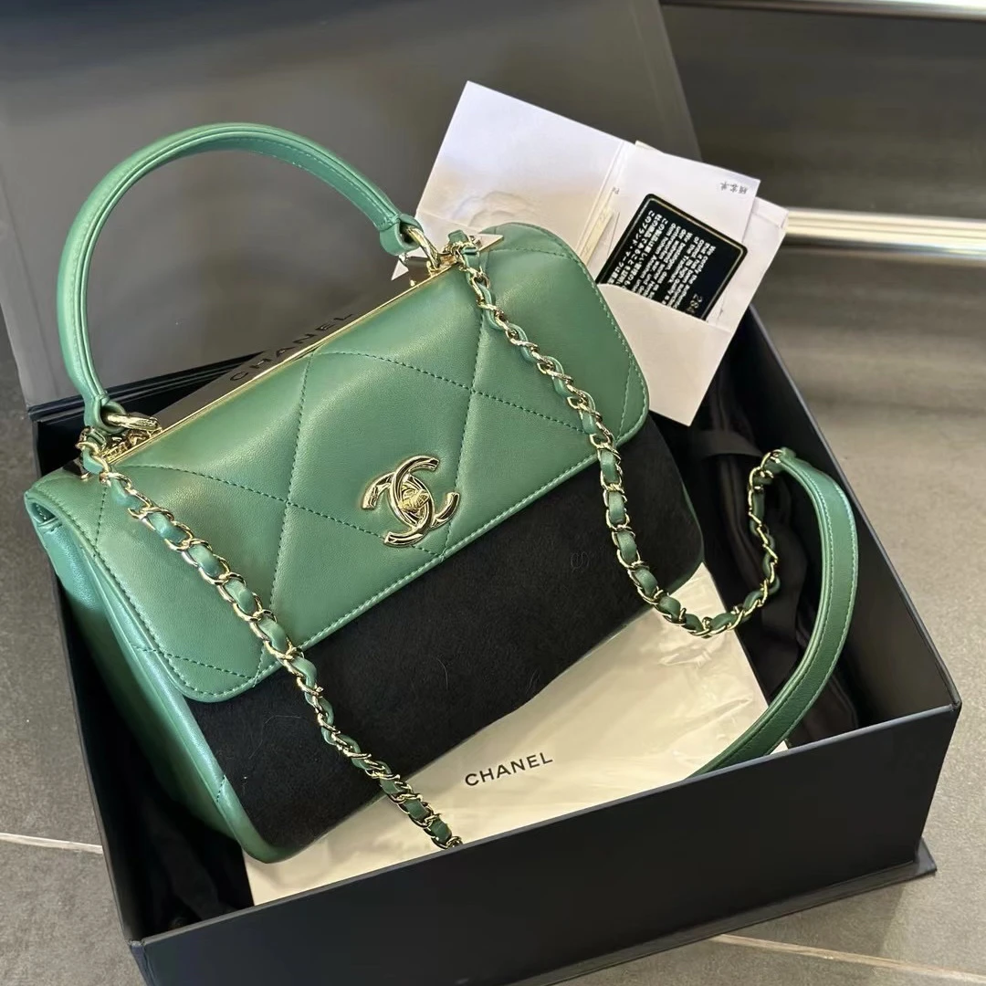 95新 Chanel/香奈儿 trendy cc 大格纹丝绒绿 单肩斜挎手提包