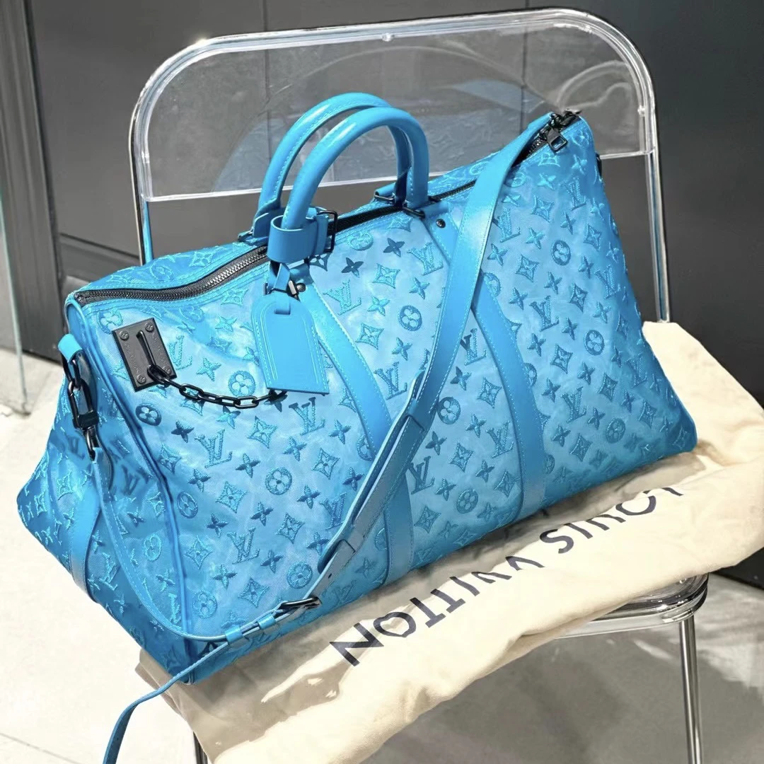 95新 LouisVuitton/路易威登 LV keepall 50 蓝色蕾丝logo旅行袋