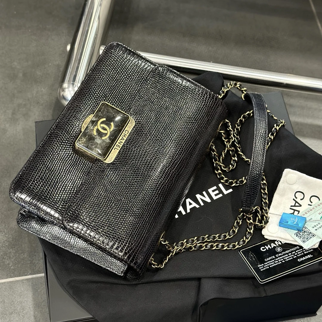 95新 Chanel/香奈儿 Chanel 月光拉长石宝石扣蜥蜴皮链条斜挎包