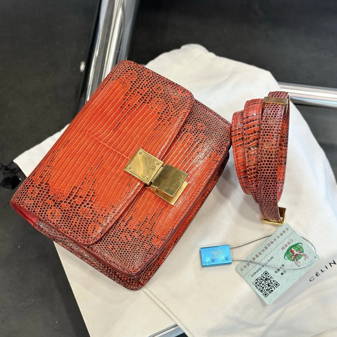 95新 Celine/思琳 Celine box 小号 橘色蜥蜴皮豆腐包