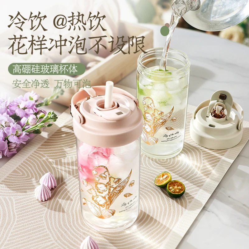 高硼硅玻璃水杯网红可爱家用大容量防摔便携带盖杯子茶杯杯子ins
