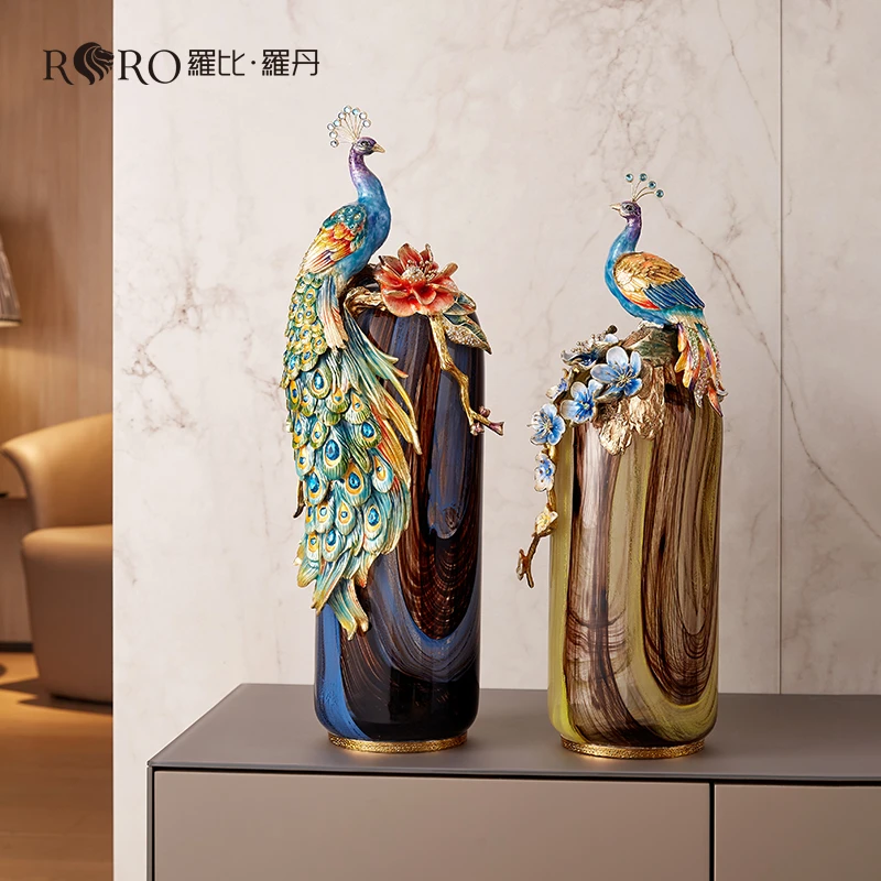 罗比罗丹《富贵吉祥》孔雀花瓶摆件珐琅彩工艺家居饰品乔迁礼物