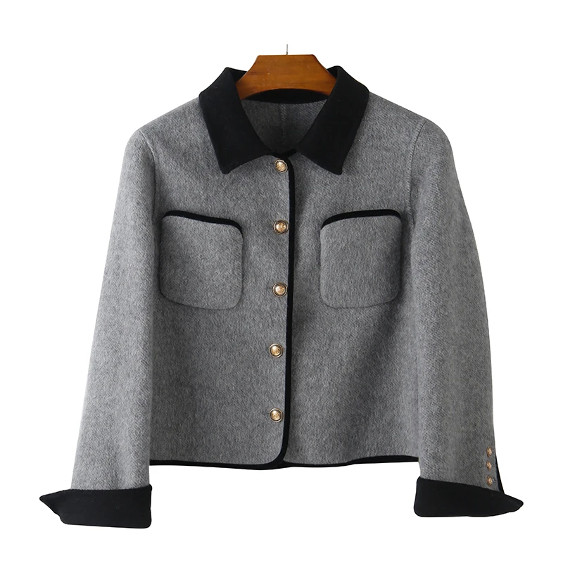 【安静专属】撞色领短款小香风双口袋毛呢外套8808