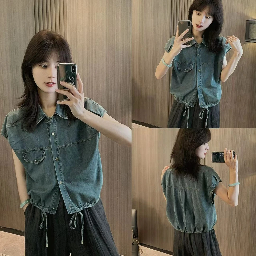 韩版2024夏季新款polo领设计感小飞袖抽绳宽松薄款牛仔马甲上衣潮