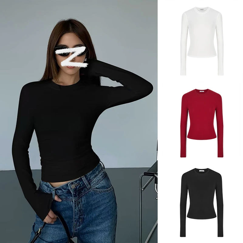 小圆领正肩T恤女早秋打底衫辣妹掐腰修身显瘦内搭套头短款长袖上