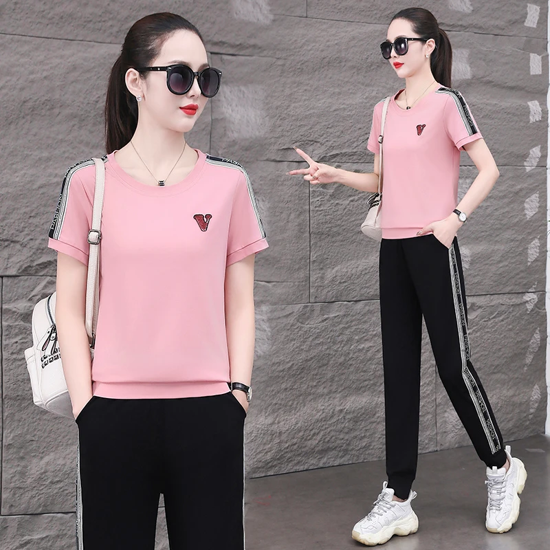 运动套装妈妈夏装2024新款时尚套装减龄短袖长裤洋气两件套大码