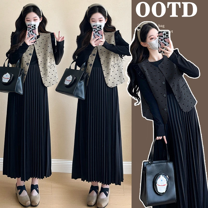 【小麦家】孕妇秋冬装洋气小香风马甲+打底显瘦连衣裙两件套中长款