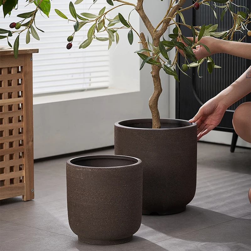 紫砂花盆高筒粗陶拉毛透气大口径大号客厅绿植种树盆栽落地透气
