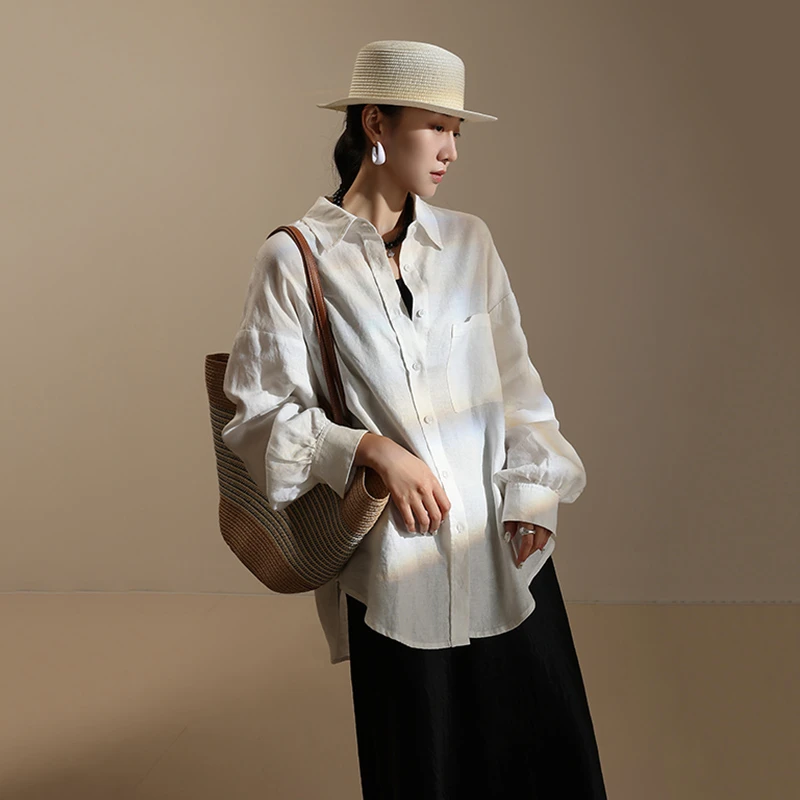 春夏秋亚麻长袖衬衫衬衣落肩袖侧开叉透气森系文艺休闲白色4074