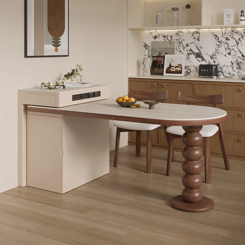 法式中古风洞石岩板岛台餐桌可伸缩岛台餐桌一体小户型