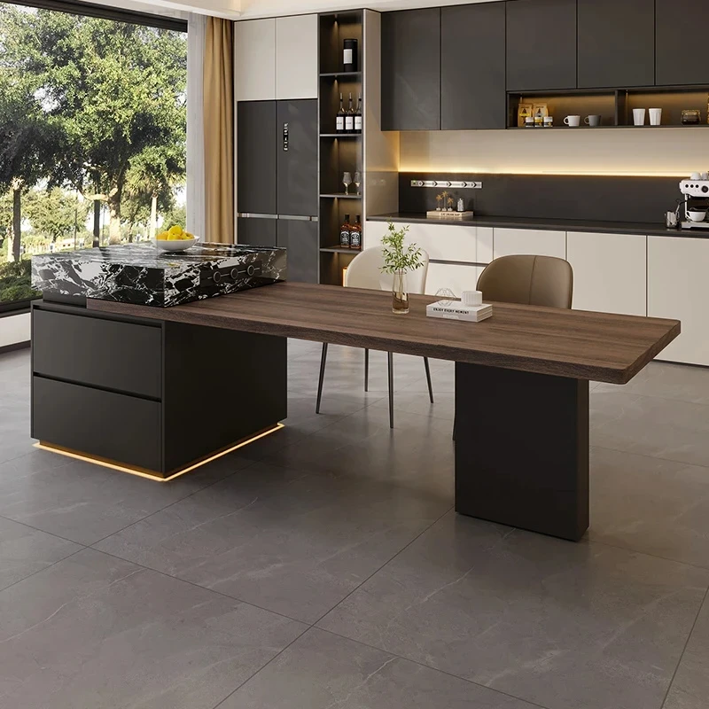意式可伸缩岛台一体餐桌木纹加厚下挂岩板餐桌多功能中岛台极简