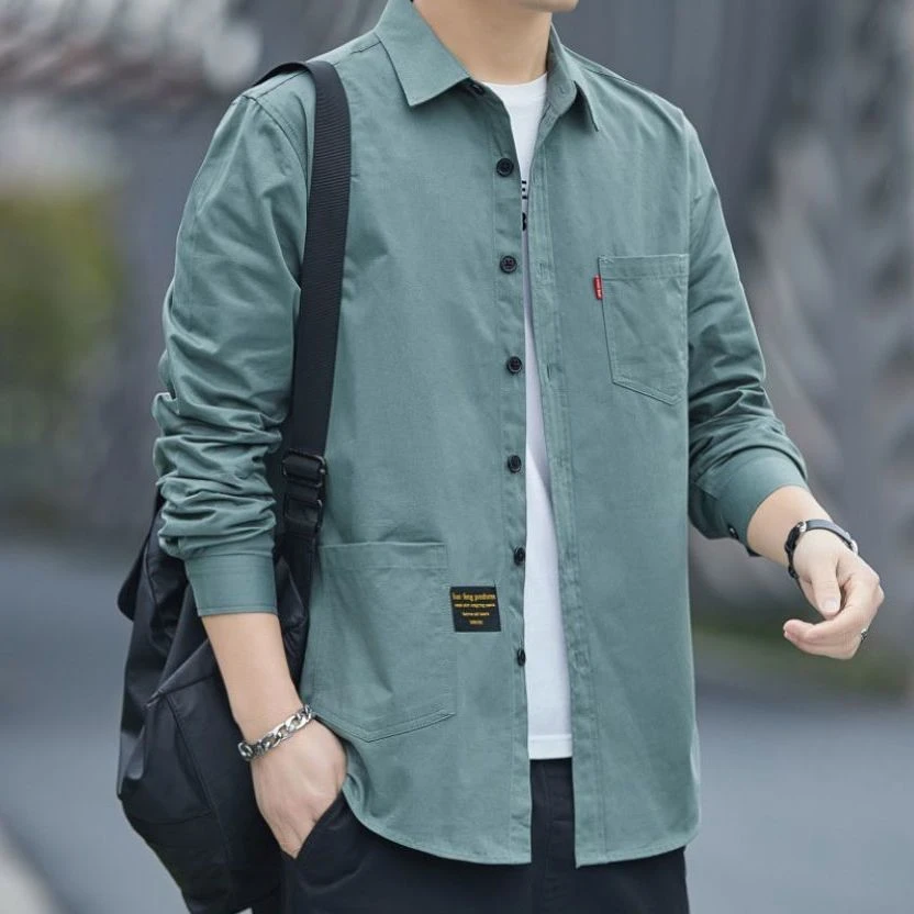 100%纯棉免烫男士长袖休闲工装衬衣春秋外套男装宽松高档衬衫男潮