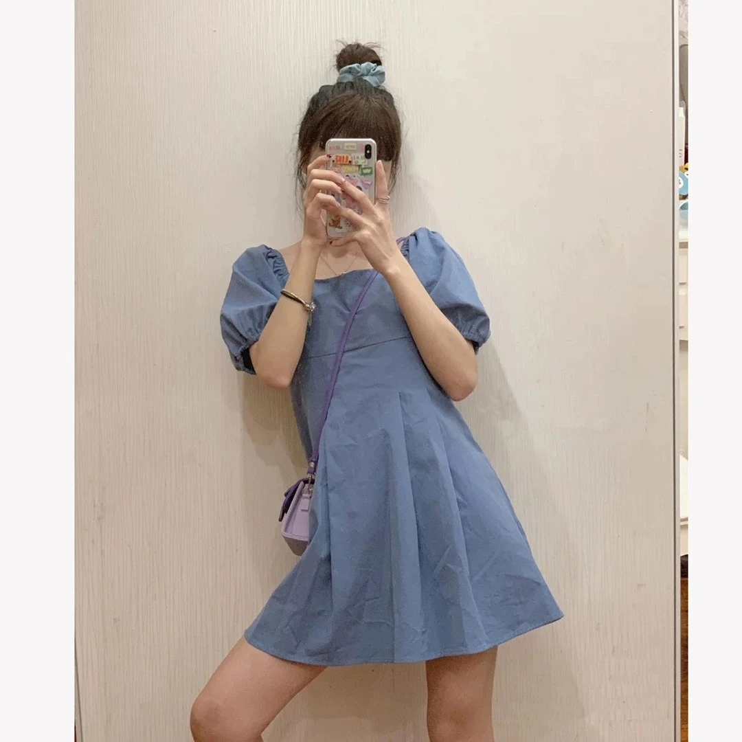 5301《特价处理》直筒腰韩版方领蓝色泡泡袖短袖连衣裙女夏季短裙