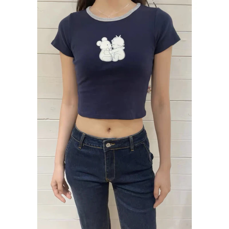 又被种草的宝宝T辣妹美式学院风 灰领拼藏蓝抱抱熊印花正肩T恤