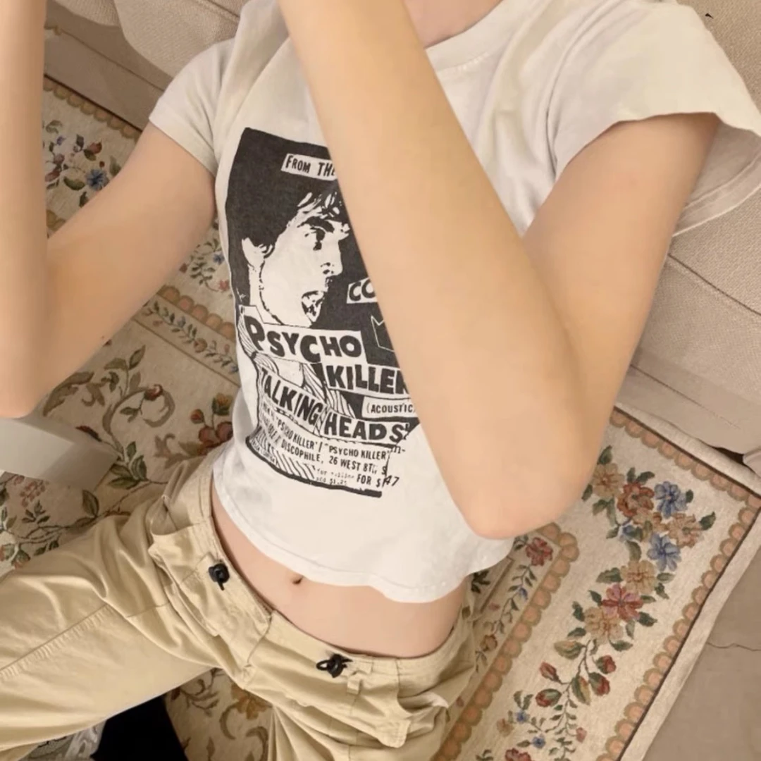 经典复古漫画!稀少# BM风 白色男头像吉他印花修身纯棉T恤