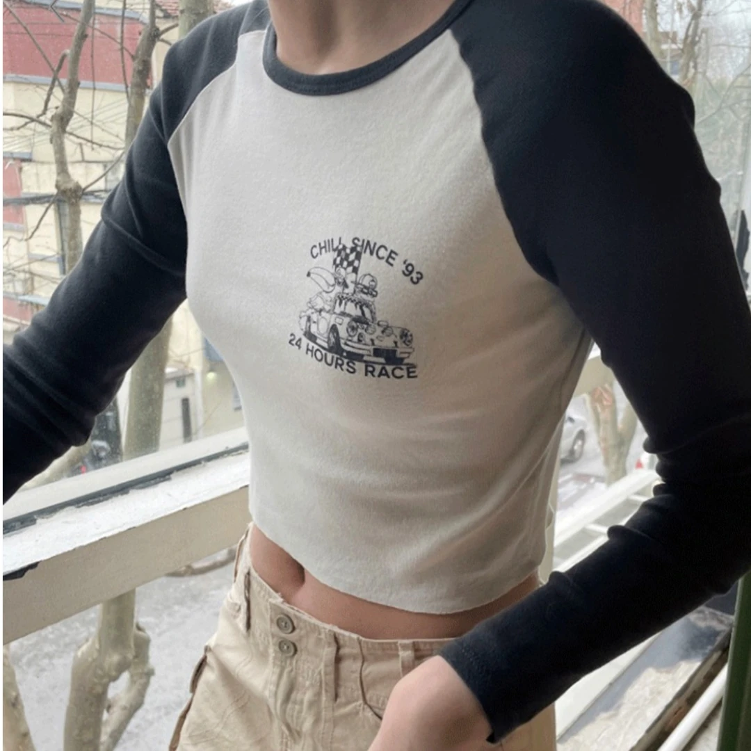 美式复古！街头风# BM 纯棉猴子汽车黑拼杏插肩柔软剪边长袖秋衣