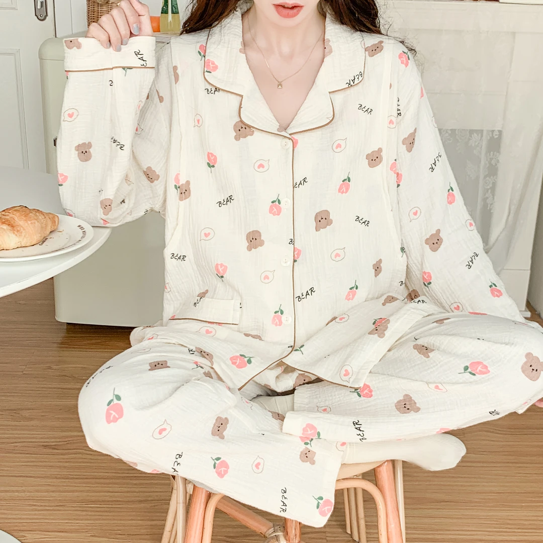 【带胸垫纱布】月子服3-9月哺乳产后喂奶透气孕妇睡衣产妇吸汗套装