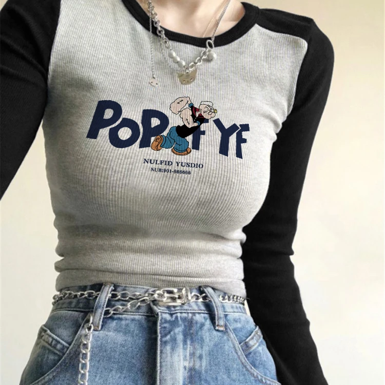 撞色正肩长袖t恤女春秋冬插肩螺纹修身显瘦穿搭打底衫女紧身上衣