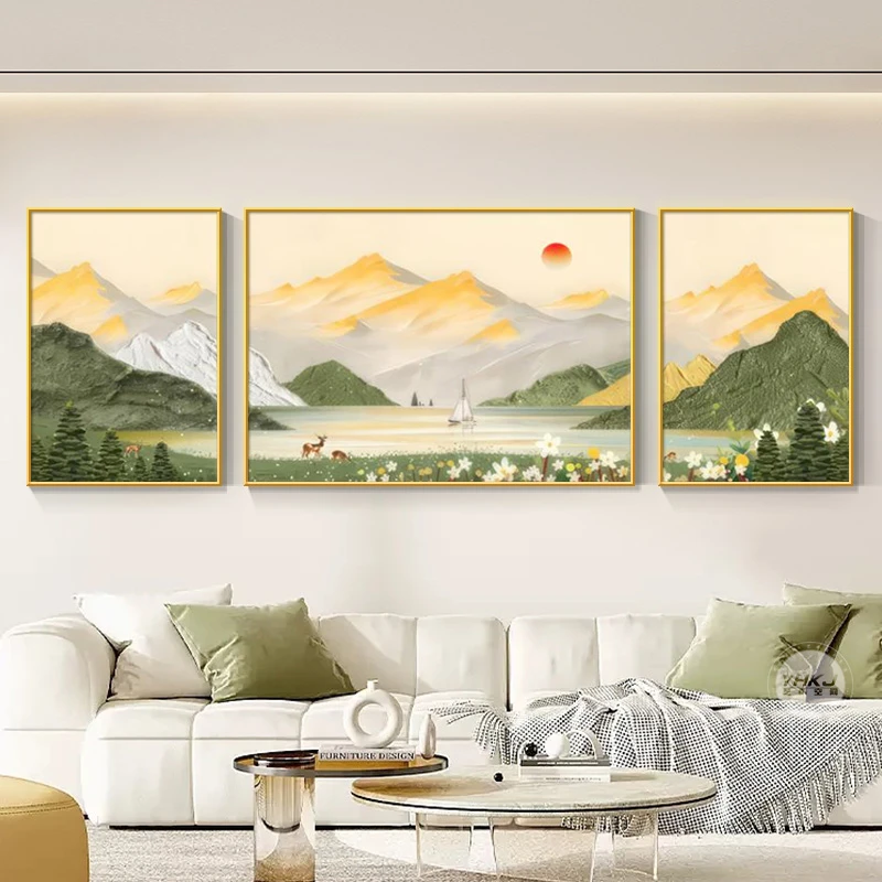 日照金山客厅装饰画艺术简背景墙挂画壁画大气好客厅背景墙挂画