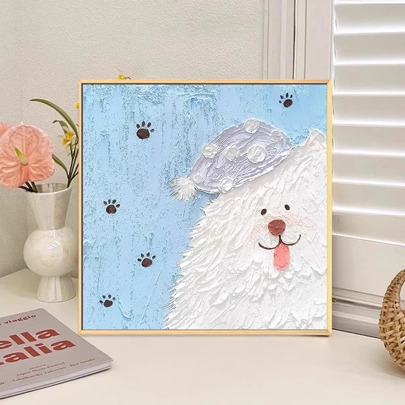 网红治愈可爱小狗卧室装饰画高级肌理感书房桌面摆画ins墙壁挂画