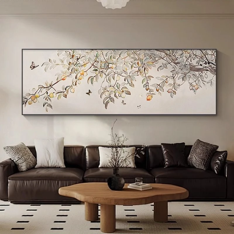 柿柿如意客厅装饰画中古风花鸟横幅沙发背景墙挂画高级感艺术壁画