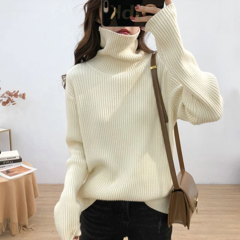 【秋冬加厚】高领毛衣简约慵懒宽松套头坑条洋气针织打底衫外穿保暖