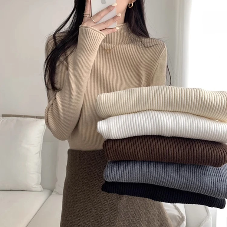 半高领加绒加厚一体绒打底针织衫女秋冬洋气内搭毛衣纯色保暖上衣