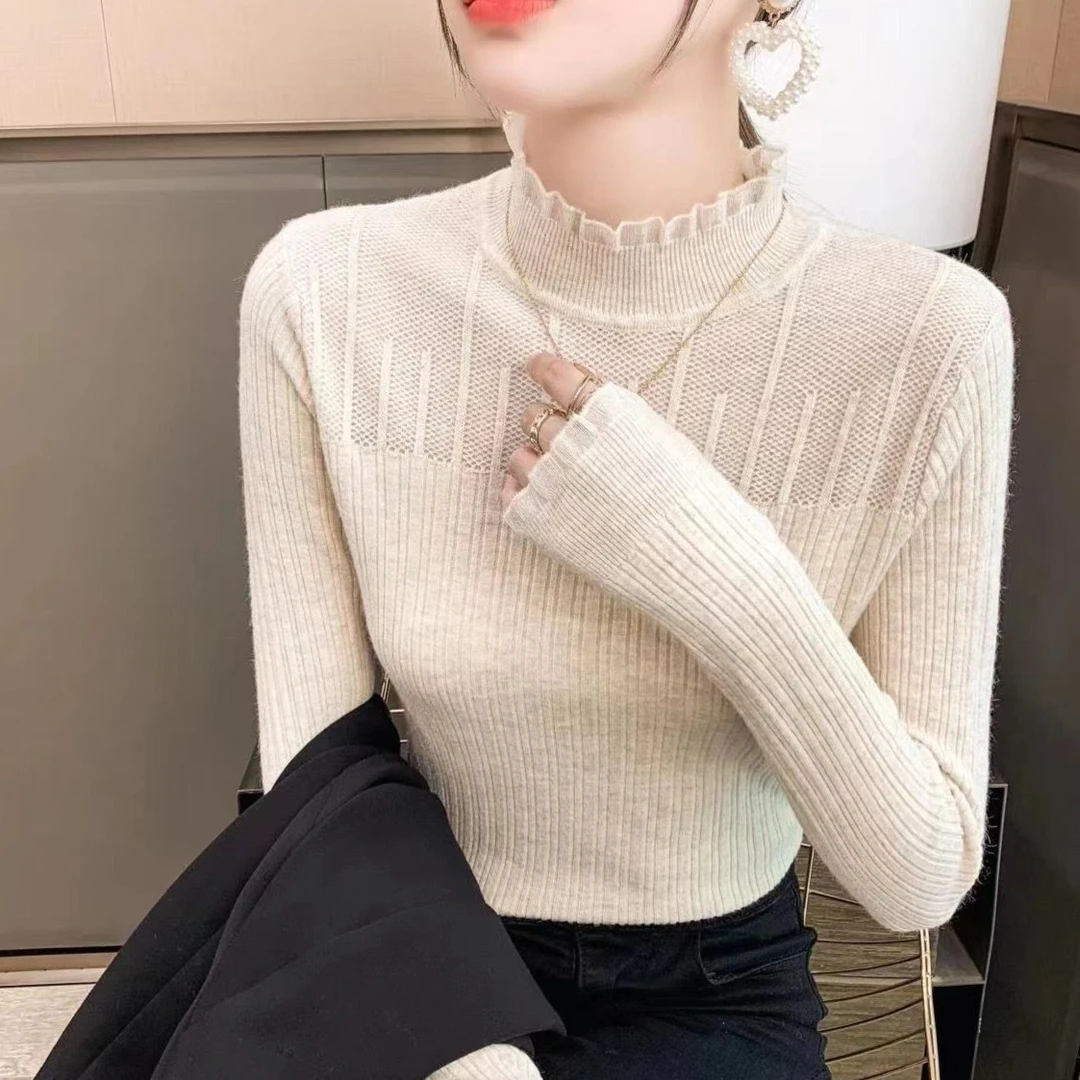秋冬新款半高领蕾丝女打底衫时尚洋气黑色高级感修身针织长袖上衣