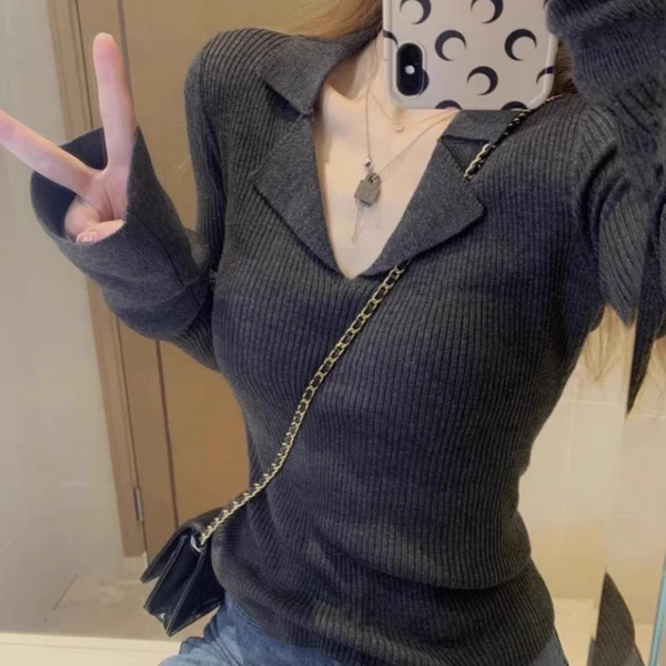 法式新款小众POLO针织衫设计感打底衫毛衣女秋季修身显瘦内搭上衣