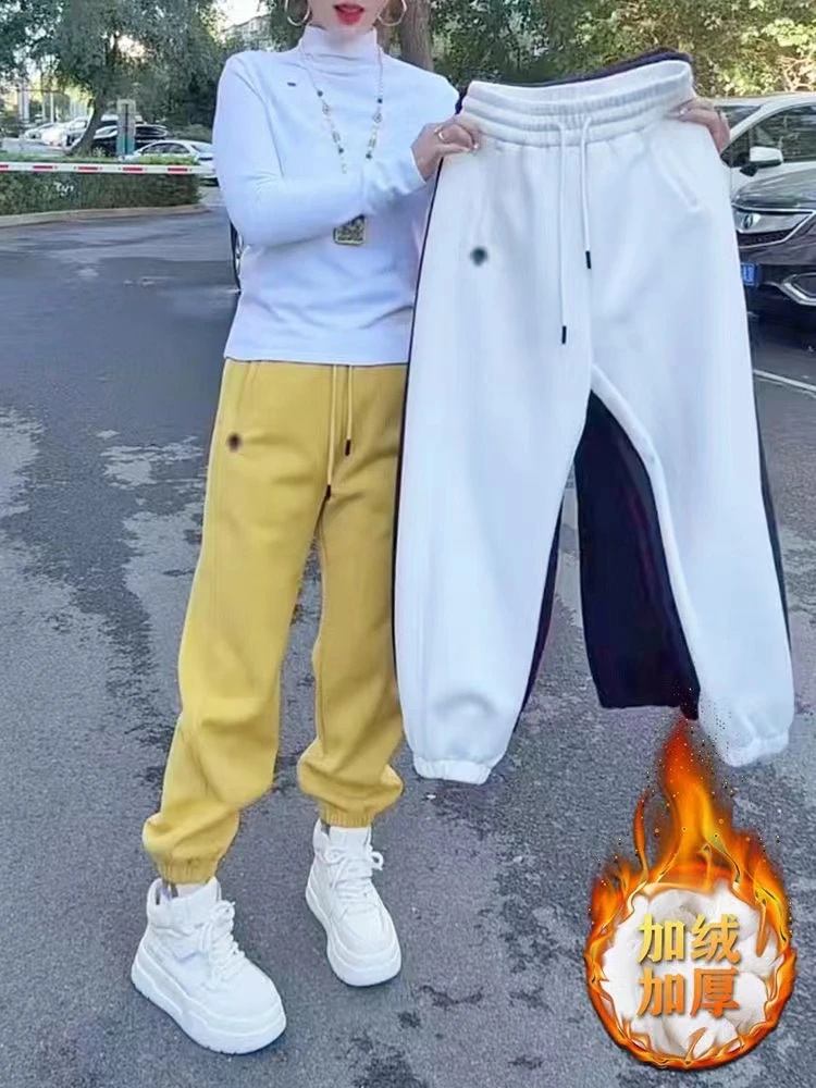 大码束脚运动裤女秋冬网红爆款加绒显瘦哈伦裤子高腰刺绣休闲卫裤