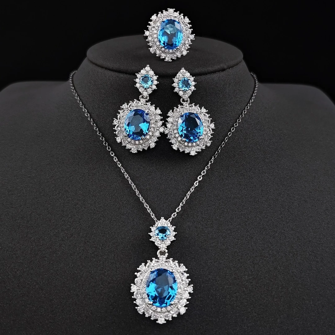 合金吊坠 新款欧美轻奢高级百搭海蓝镶嵌三件套