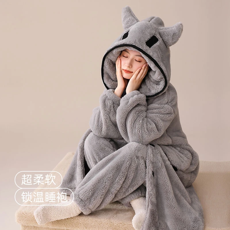 秋冬季新款睡衣高级灰袍套舒适时尚加绒加厚锁温可外穿家居服