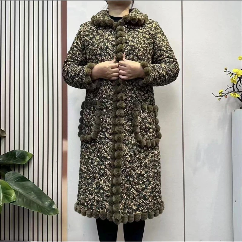 2023新款冬季加绒加厚保暖时尚提花中长款棉衣外套
