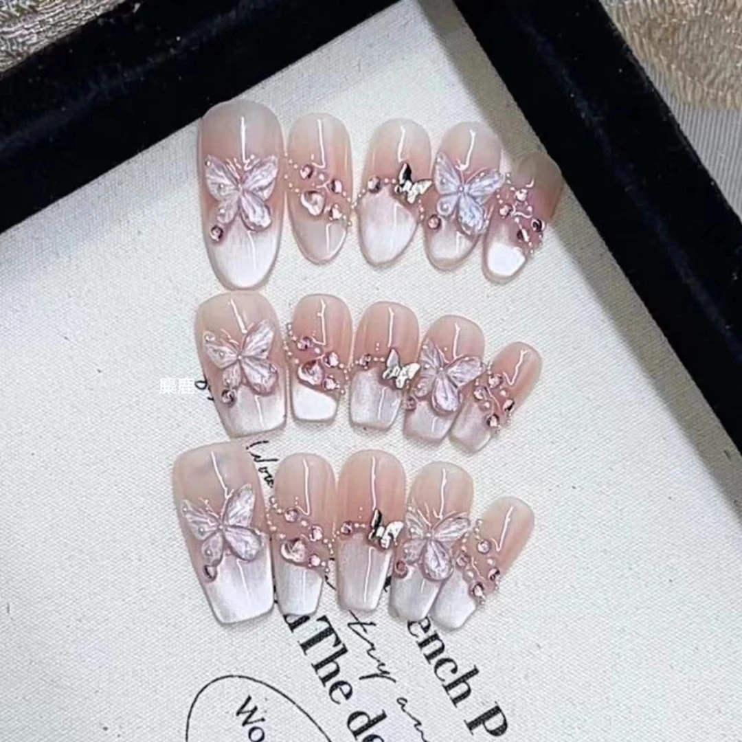 【镜月蝶】纯手工穿戴甲用品高级轻奢蝴蝶美甲贴中长美甲穿戴甲片