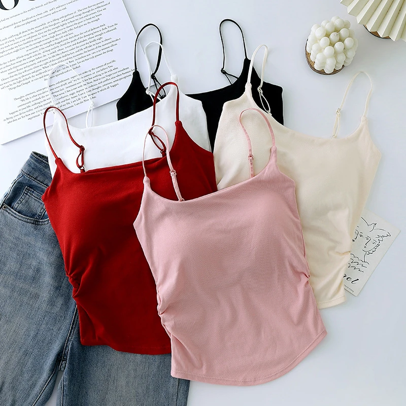 纯欲甜辣设计感褶皱吊带背心女外穿内搭带胸垫修身美背挂脖上衣夏