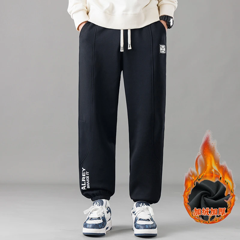 冬季青少年新款加绒加厚慵懒弯刀裤男生加长宽松休闲保暖束脚卫裤