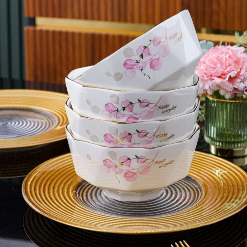 电光金粉色情怀6英寸面碗4只装钻石碗奢华家用高档餐具沙拉碗