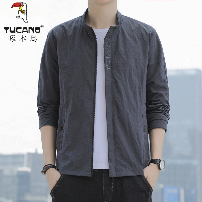 啄木鳥休闲男薄款夹克外套2024新款潮流宽松百搭男士立领外套上衣