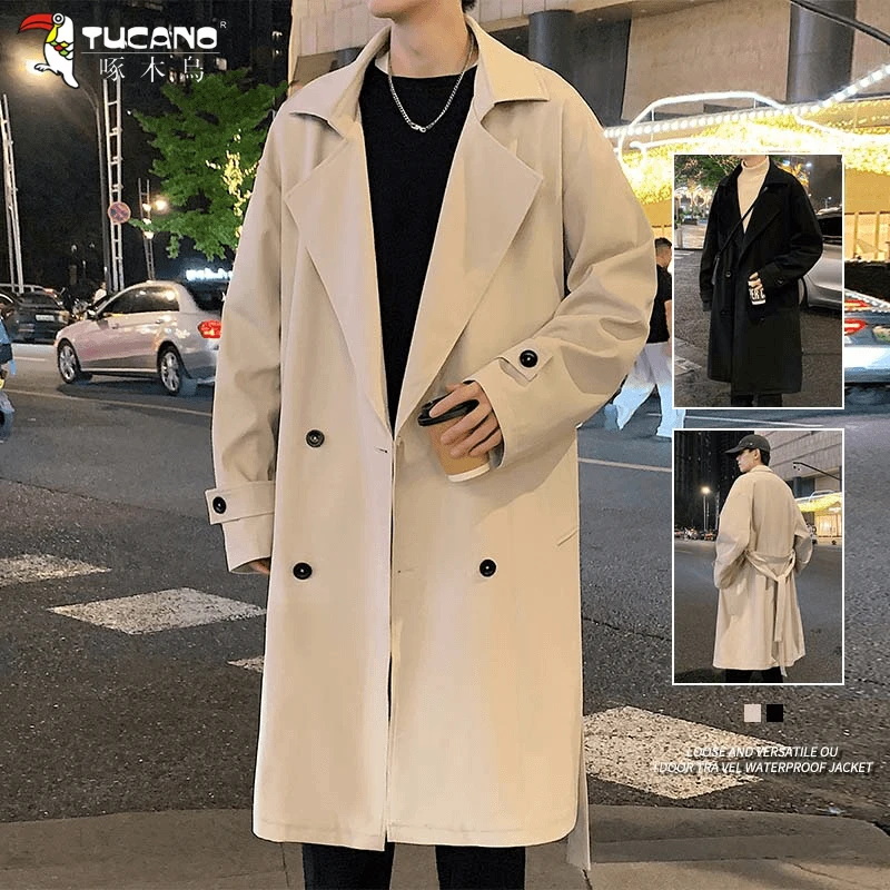 啄木鳥中长款风衣外套男士春秋季新款港风潮流纯色百搭夹克大衣