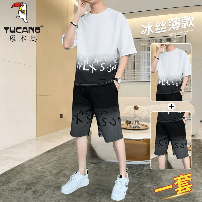 啄木鳥休闲运动套装男士夏季冰丝薄款短袖短裤透气帅气两件套男装