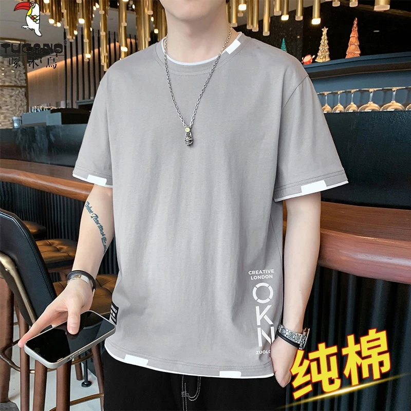 啄木鳥男士短袖T恤2024新款夏季宽松圆领潮流ins休闲纯棉半袖男装